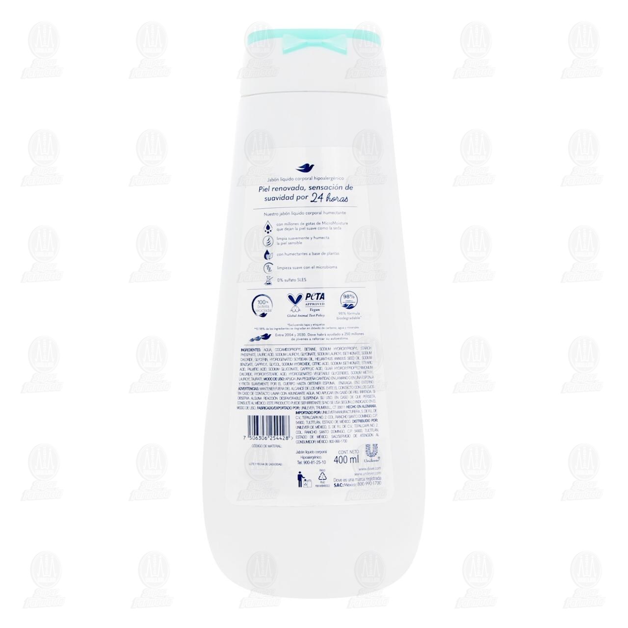 Jab&oacute;n L&iacute;quido Corporal Dove Advanced Care Derma Hypoallergenic, 400 ml. image number 2