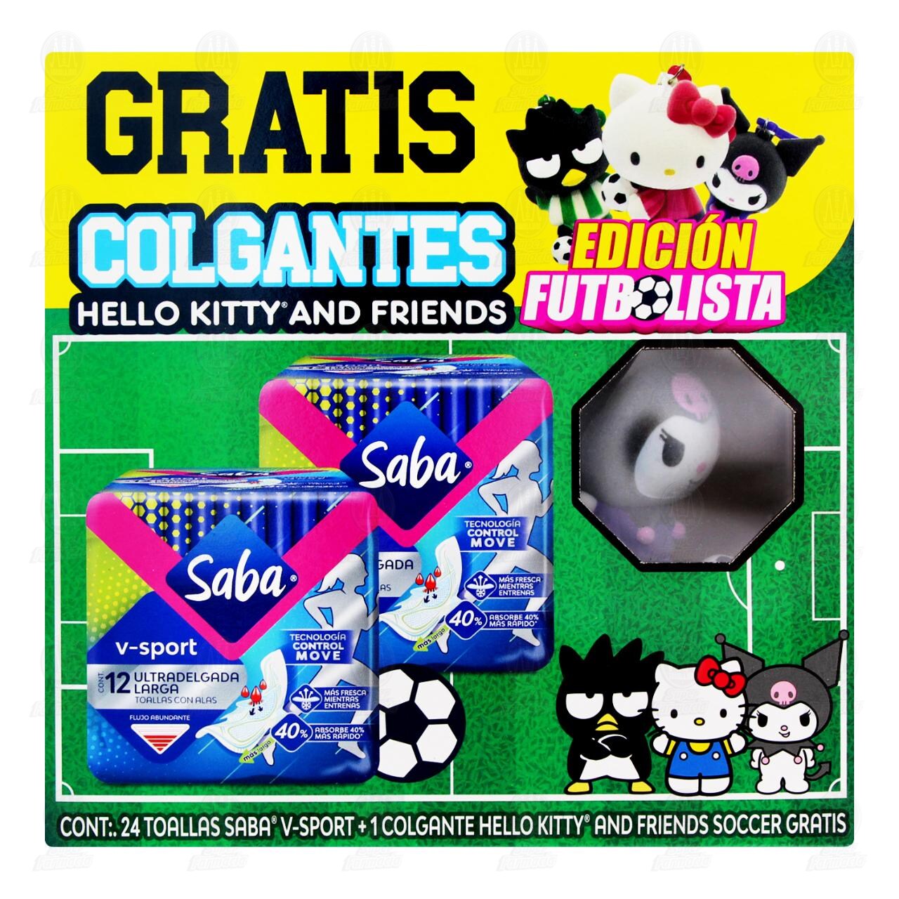 Pack Toallas Femeninas Saba V-Sport Ultradelgada con Alas + Gratis Colgante Hello Kitty Futbolista, 3 pzas. image number 1