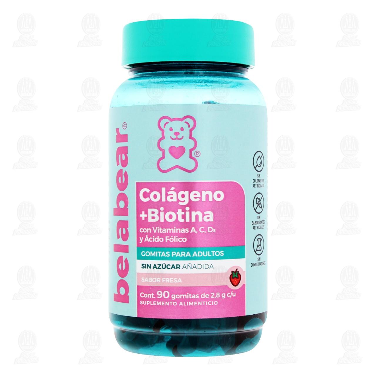 Col&aacute;geno + Biotina Belabear con Vitaminas A, C, D3 y &Aacute;cido F&oacute;lico Gomitas para Adultos, 90 Gomitas de 2.8 gr c/u. image number 1