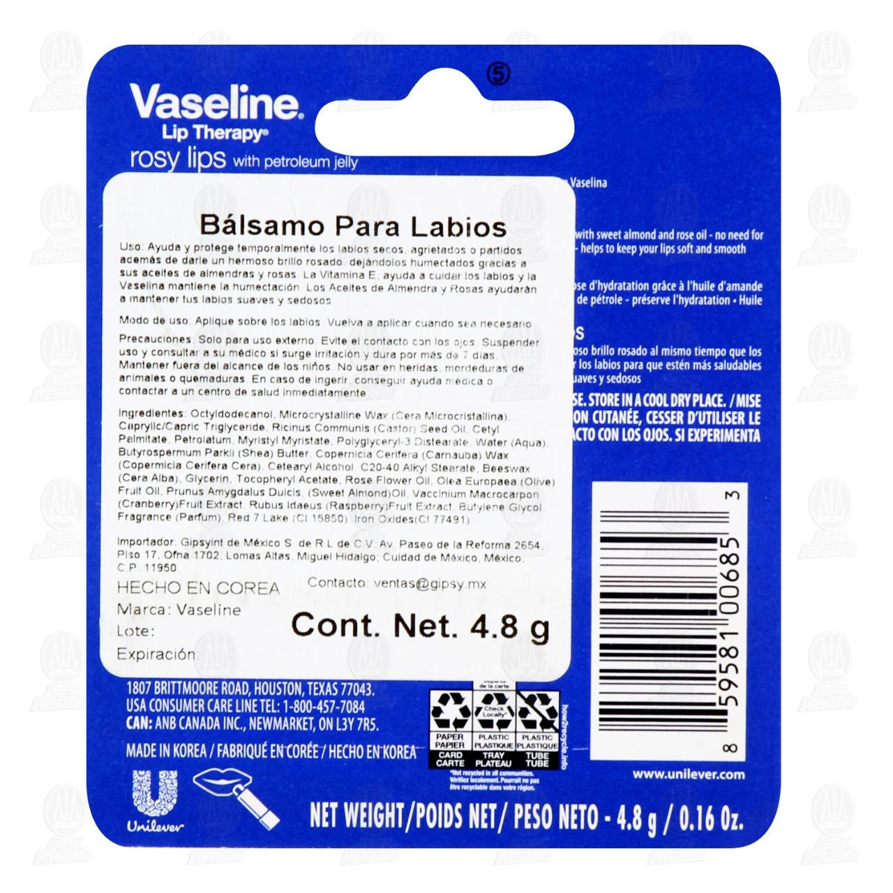 B&aacute;lsamo para Labios Vaseline Lip Therapy Rosy Lips, 4.8 gr. image number 1