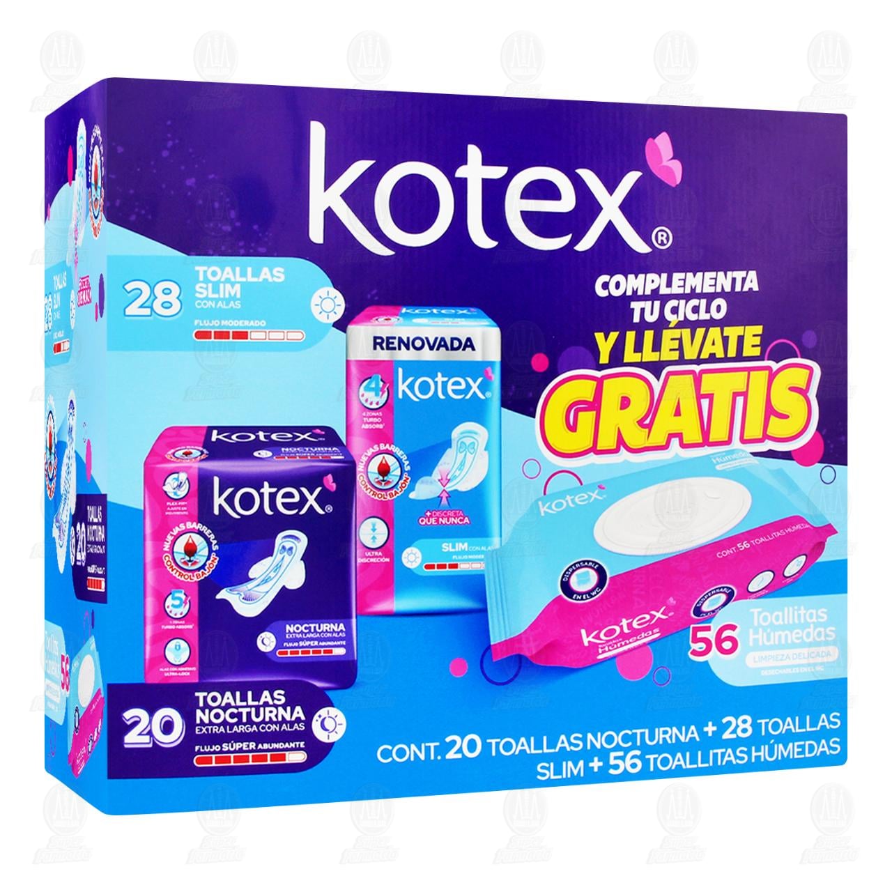 Pack Kotex Toallas Slim con Alas + Toallas Nocturna con Alas + Toallitas H&uacute;medas, 3 pzas.