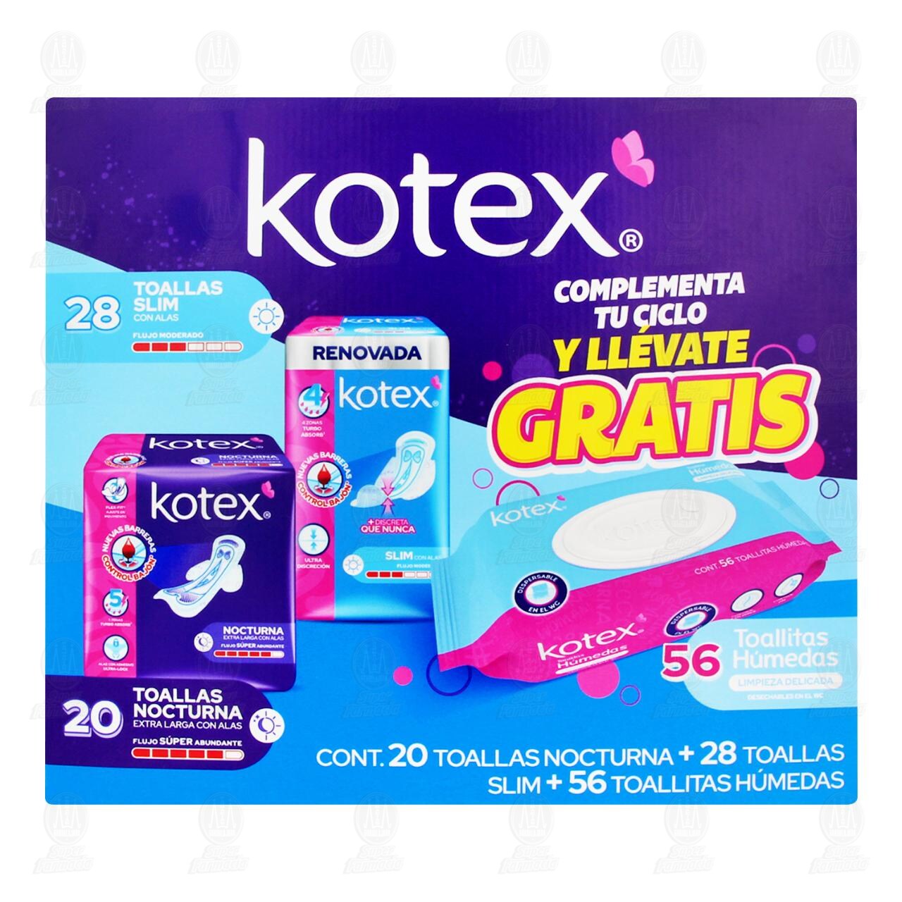 Pack Kotex Toallas Slim con Alas + Toallas Nocturna con Alas + Toallitas H&uacute;medas, 3 pzas. image number 1