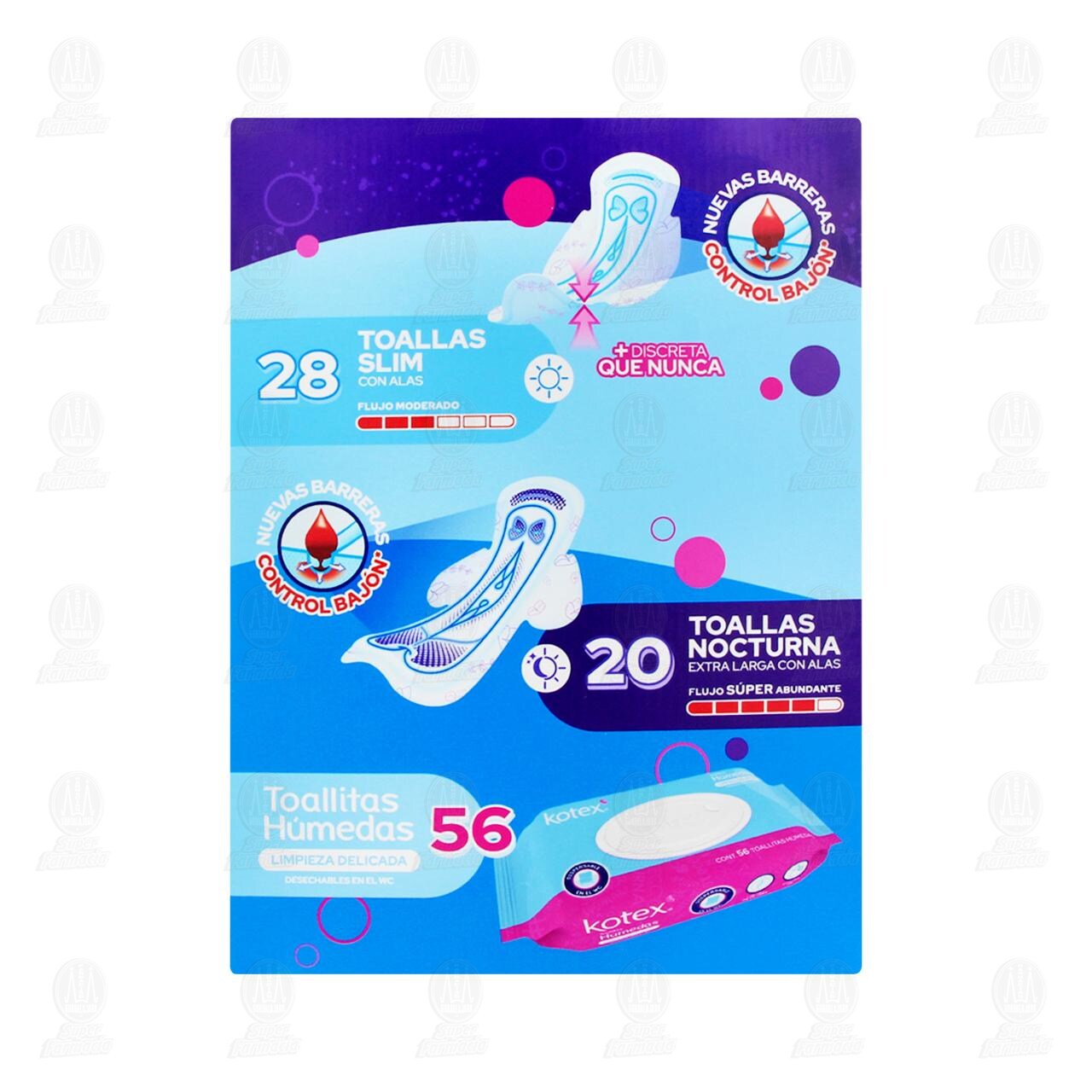 Pack Kotex Toallas Slim con Alas + Toallas Nocturna con Alas + Toallitas H&uacute;medas, 3 pzas. image number 4