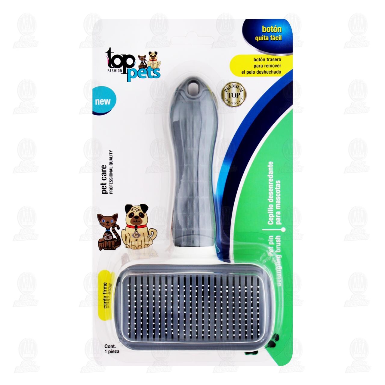 Cepillo Desenredante Top Pets Varios Colores para Mascotas con Bot&oacute;n Quita F&aacute;cil, 1 pz.