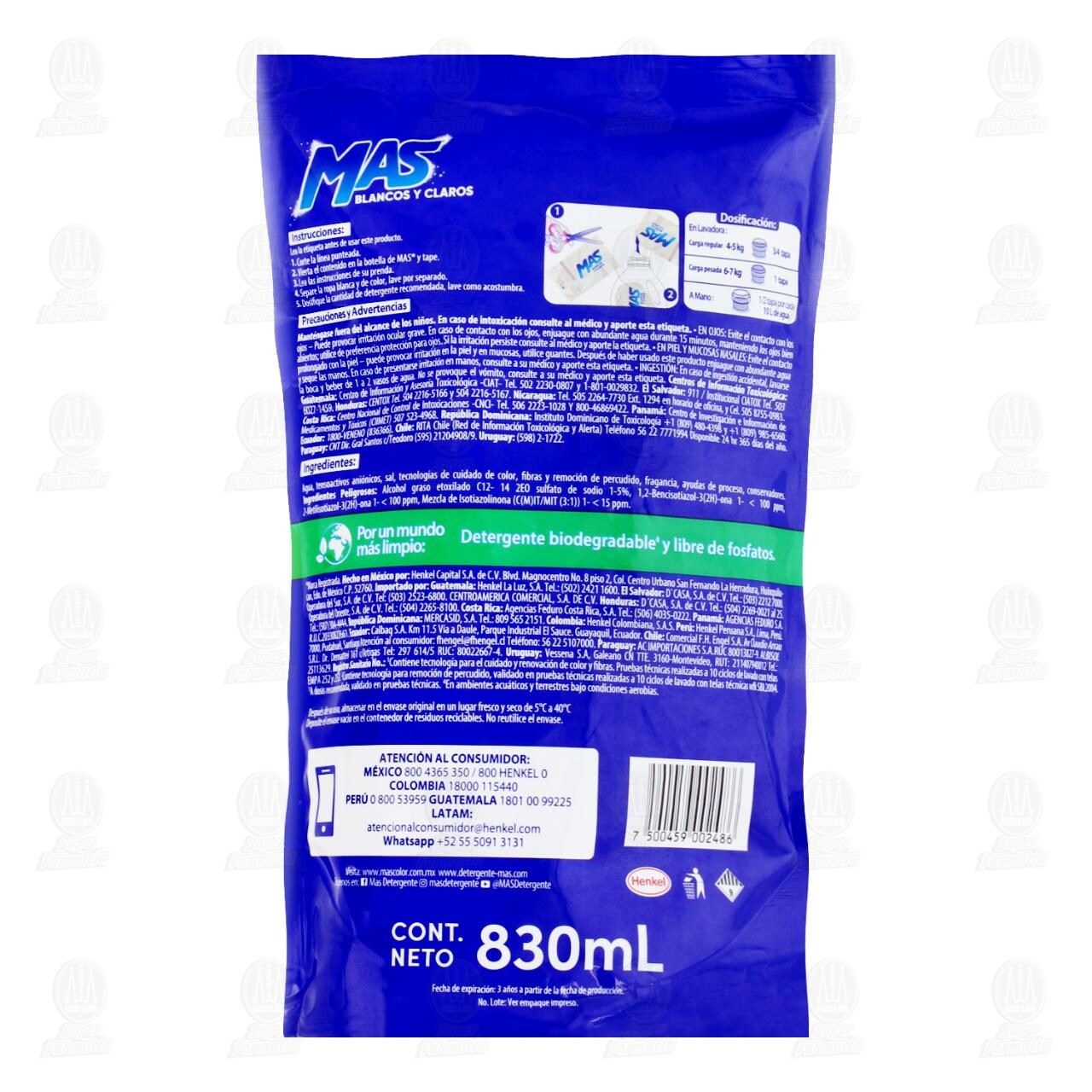 Detergente L&iacute;quido MAS Blancos y Claros, 830 ml. image number 1
