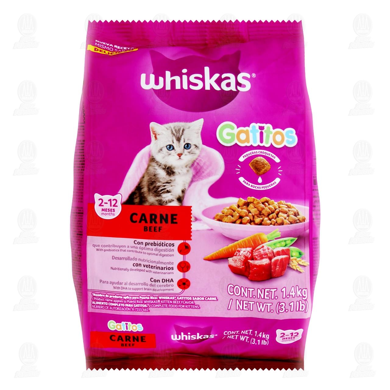 Croquetas Whiskas Gatitos Sabor Carne para Gatos de 2 a 12 Meses, 1.4 kg.