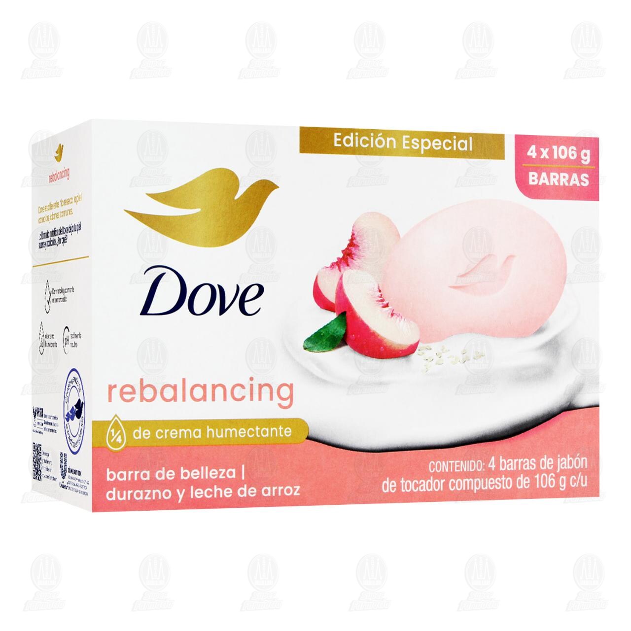 Pack de Jab&oacute;n Dove Rebalancing Durazno y Leche de Arroz, 4 pzas de 106 gr c/u. image number 0