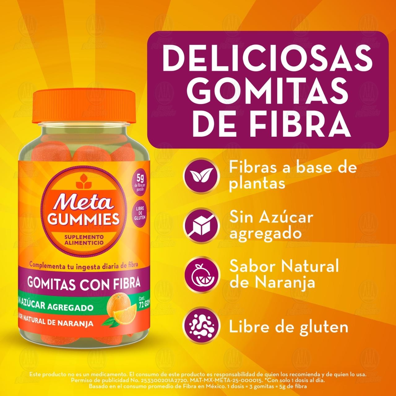 Gomitas con Fibra Meta Gummies Sabor Natural de Naranja, 72 Gomitas. image number 4