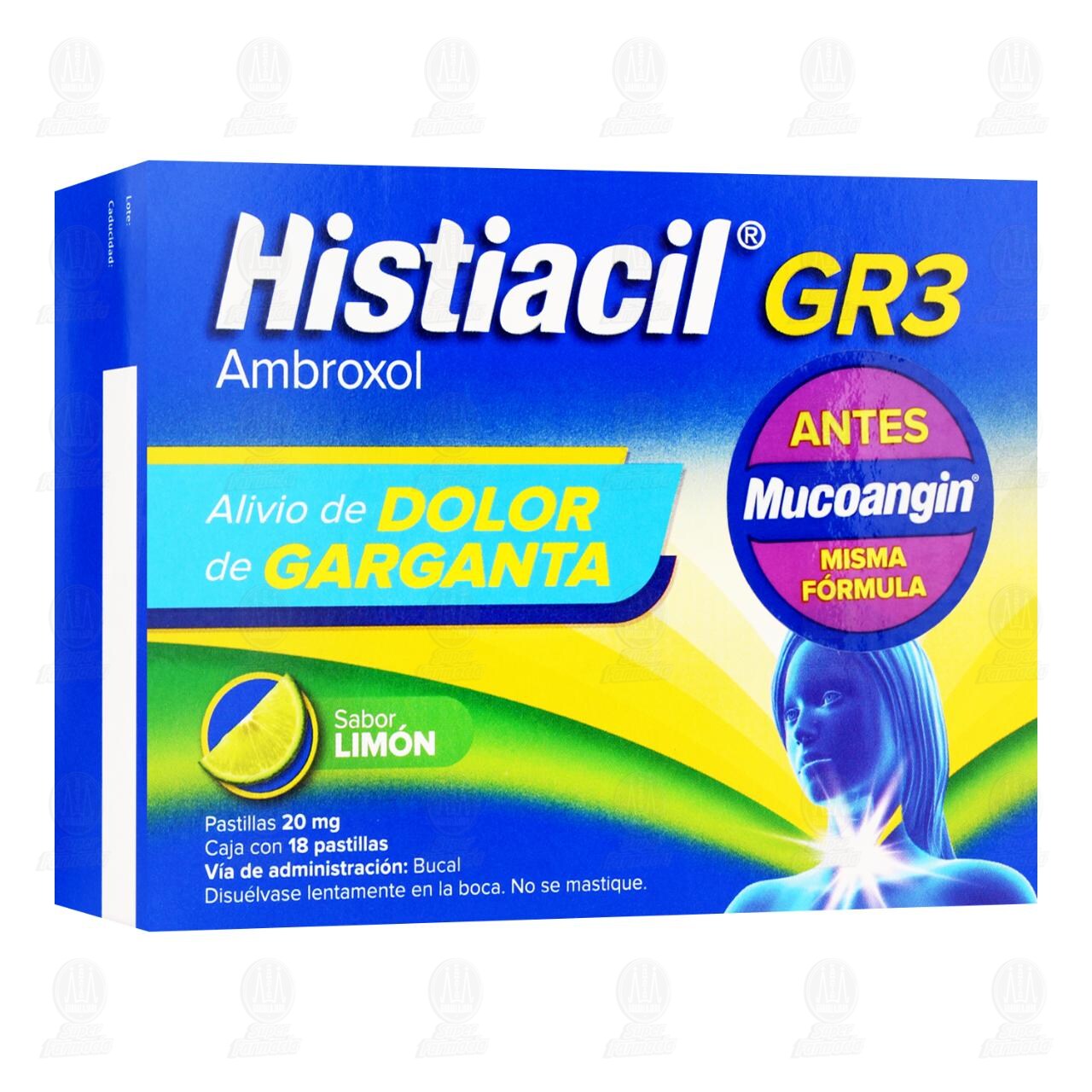 Histiacil GR3 Sabor Lim&oacute;n 20 mg, 18 Pastillas. image number 0