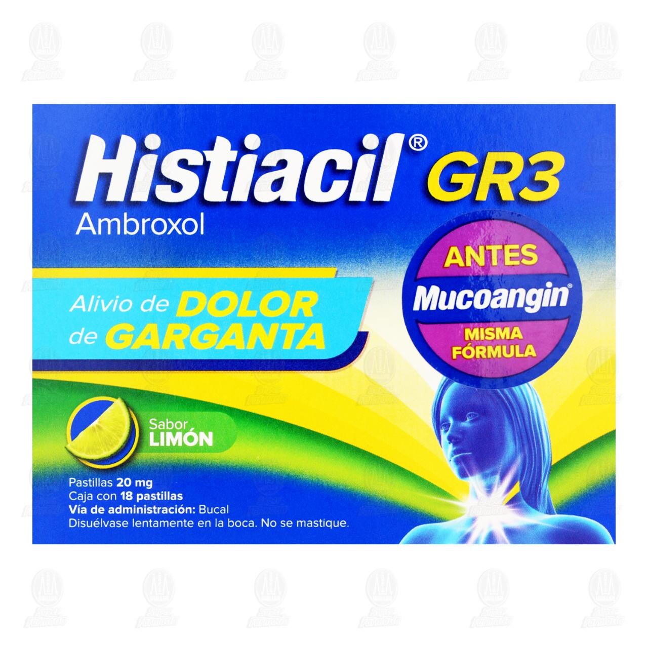 Histiacil GR3 Sabor Lim&oacute;n 20 mg, 18 Pastillas. image number 1