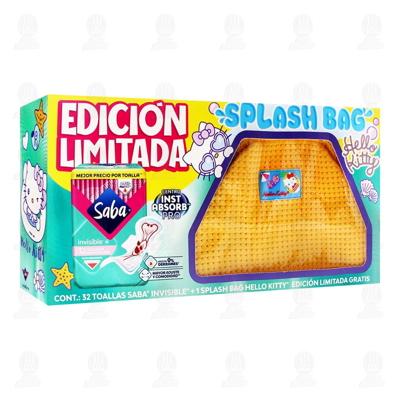 Pack Toallas Femeninas Saba Invisible Delgada con Alas + Splash Bag Edici&oacute;n Hello Kitty, 2 pzas.