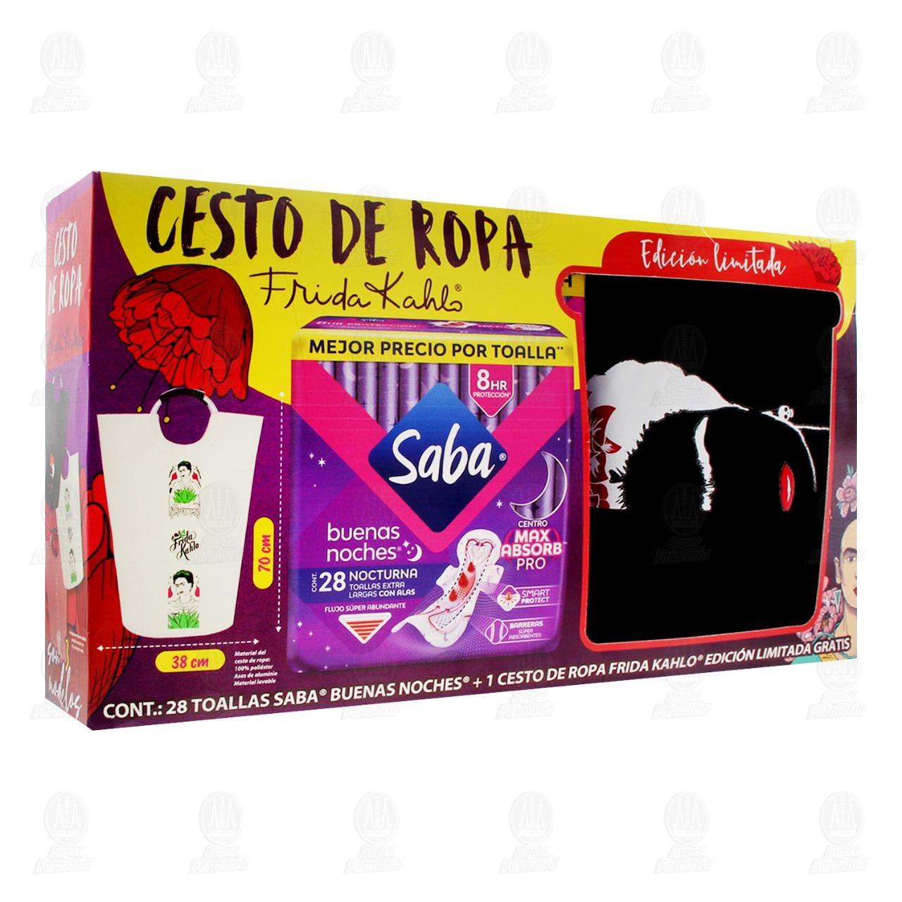 Pack Toallas Femeninas Saba Buenas Noches con Alas + Gratis Cesto de Ropa Frida Kahlo, 2 pzas. image number 0