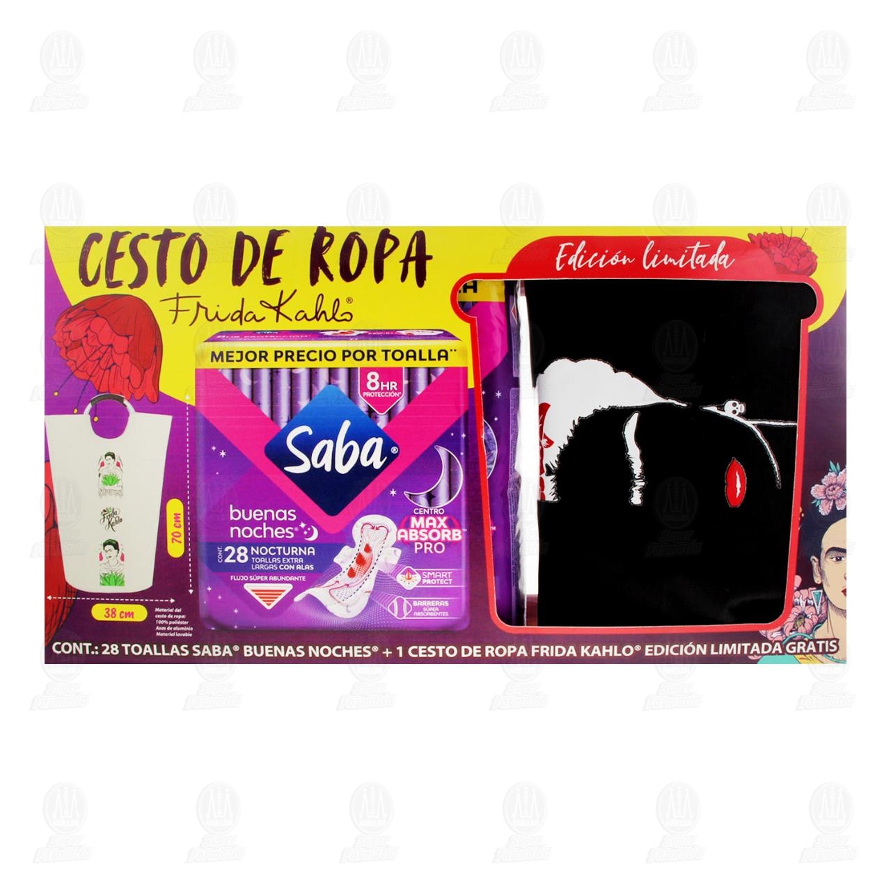 Pack Toallas Femeninas Saba Buenas Noches con Alas + Gratis Cesto de Ropa Frida Kahlo, 2 pzas. image number 1