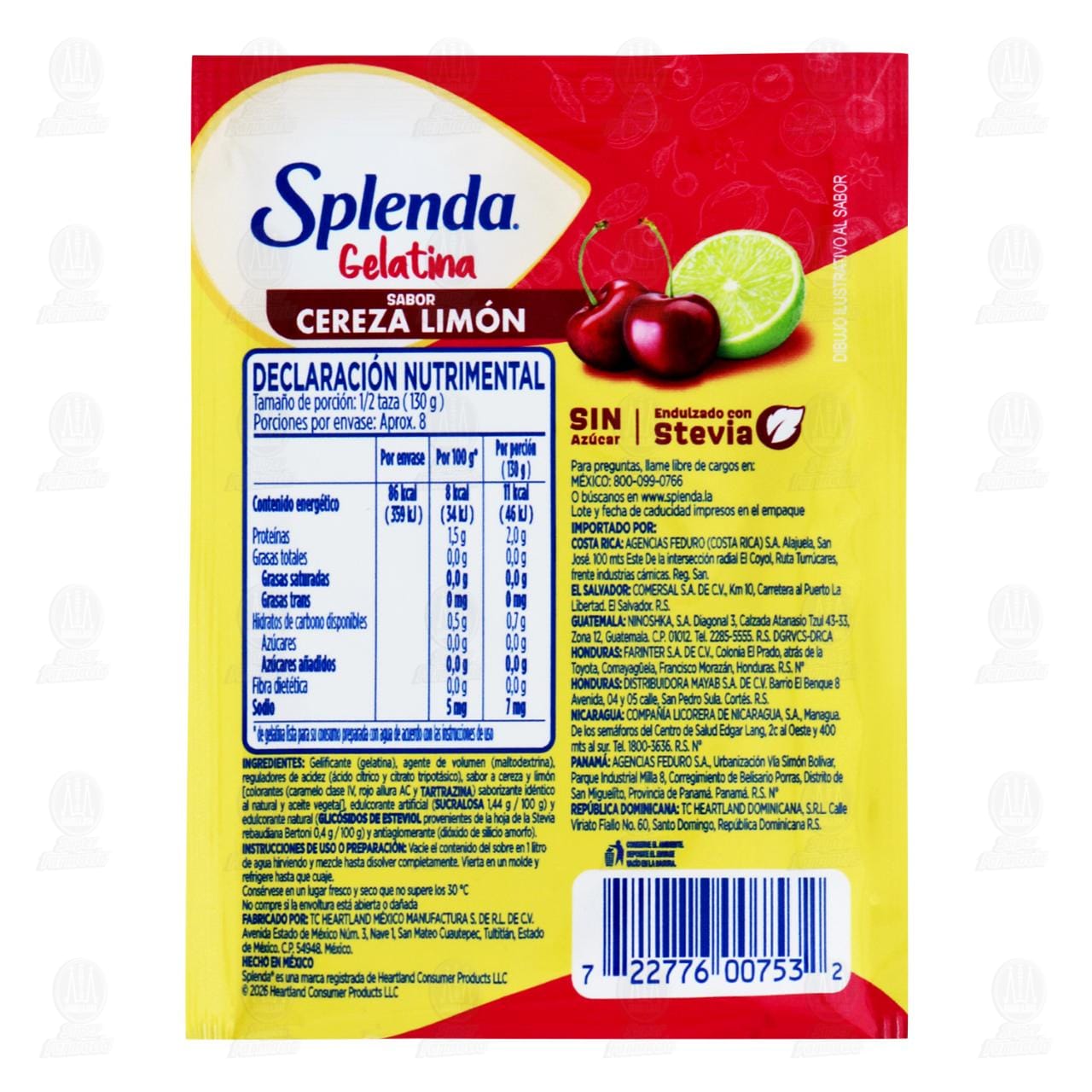 Gelatina en Polvo Splenda Sabor Cereza Lim&oacute;n Sin Az&uacute;car, 20 gr. image number 1