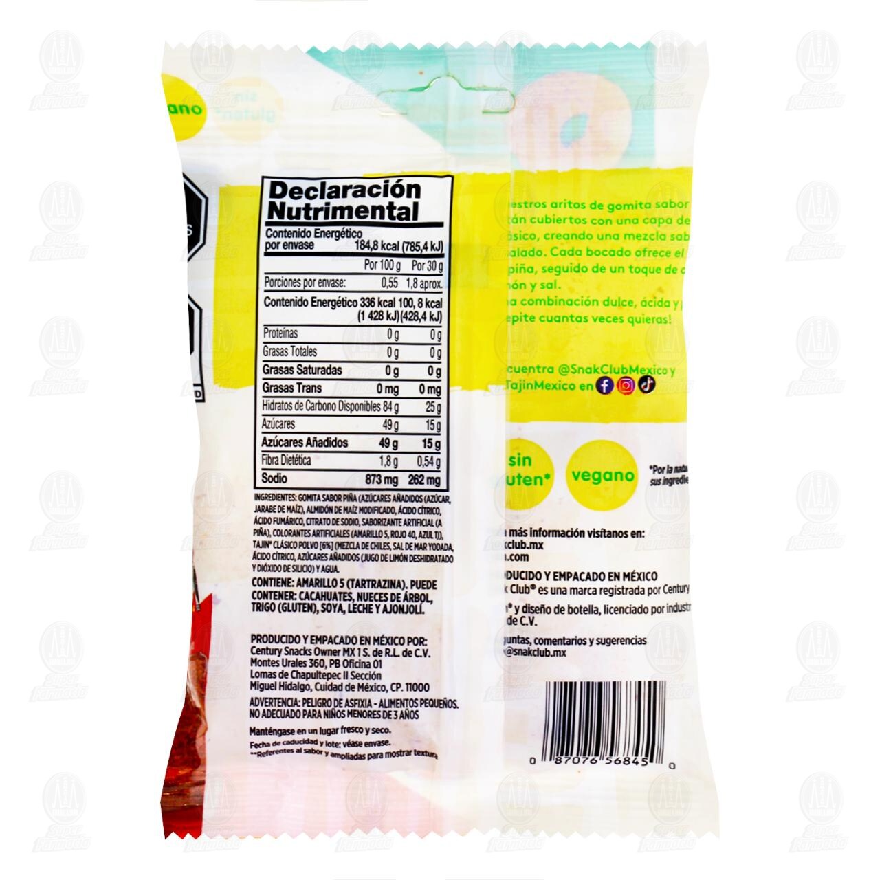 Aritos de Gomita Snak Club Sabor Pi&ntilde;a con Taj&iacute;n, 55 gr. image number 1