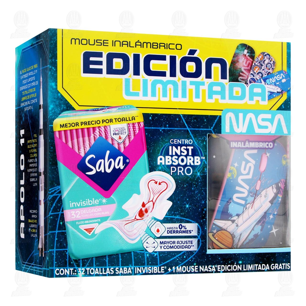 Pack Toallas Femeninas Saba Invisible Delgada con Alas + Gratis Mouse Inal&aacute;mbrico NASA, 2 pzas. image number 0