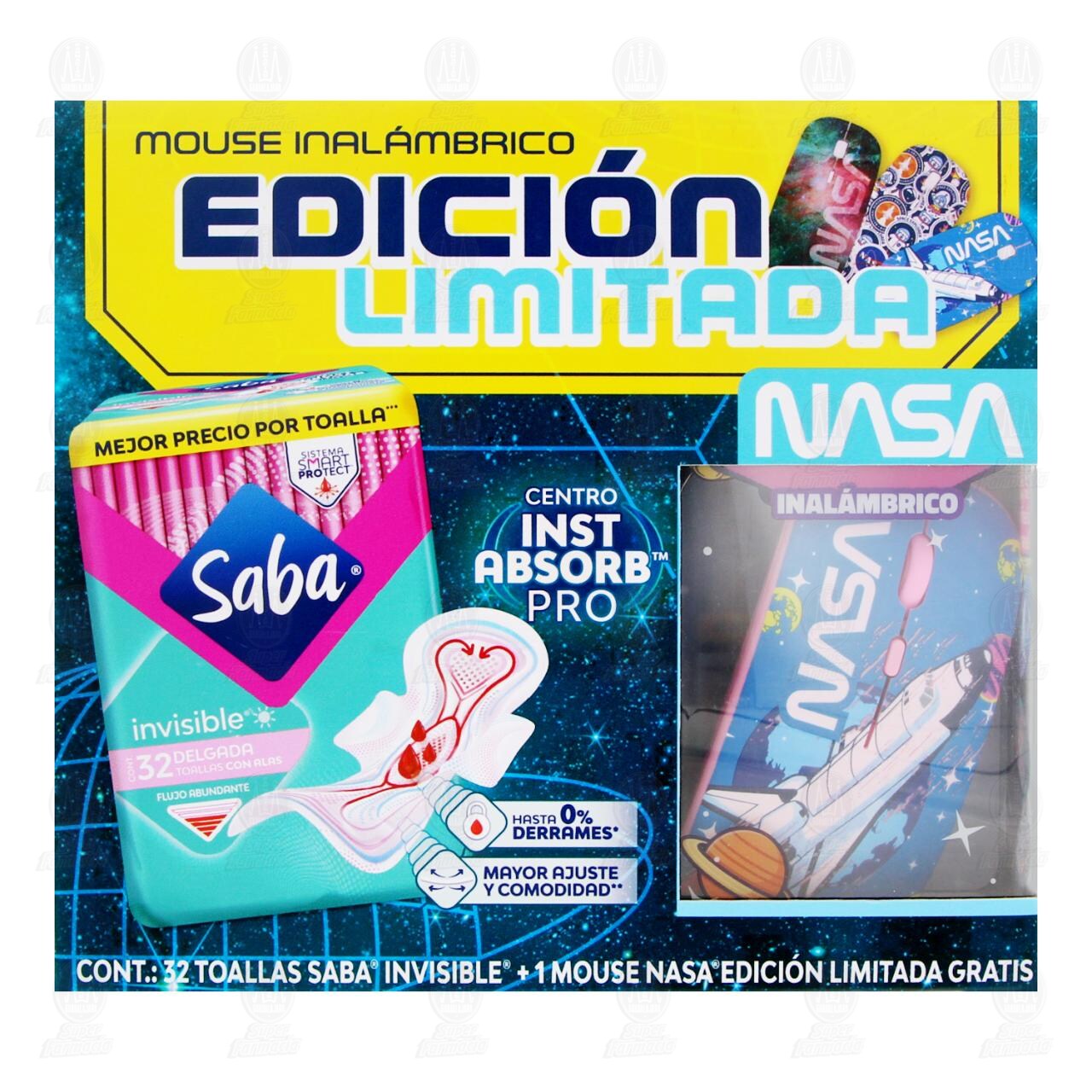 Pack Toallas Femeninas Saba Invisible Delgada con Alas + Gratis Mouse Inal&aacute;mbrico NASA, 2 pzas. image number 1