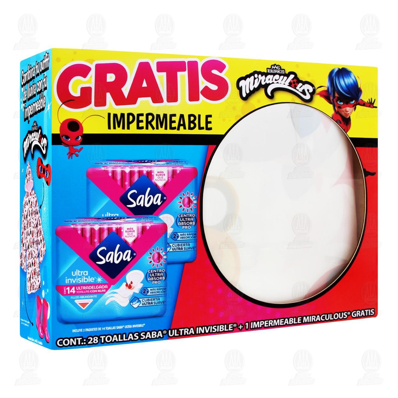 Pack Toallas Femeninas Saba Ultra Invisible con Alas + Gratis Impermeable Miraculous, 3 pzas. image number 0