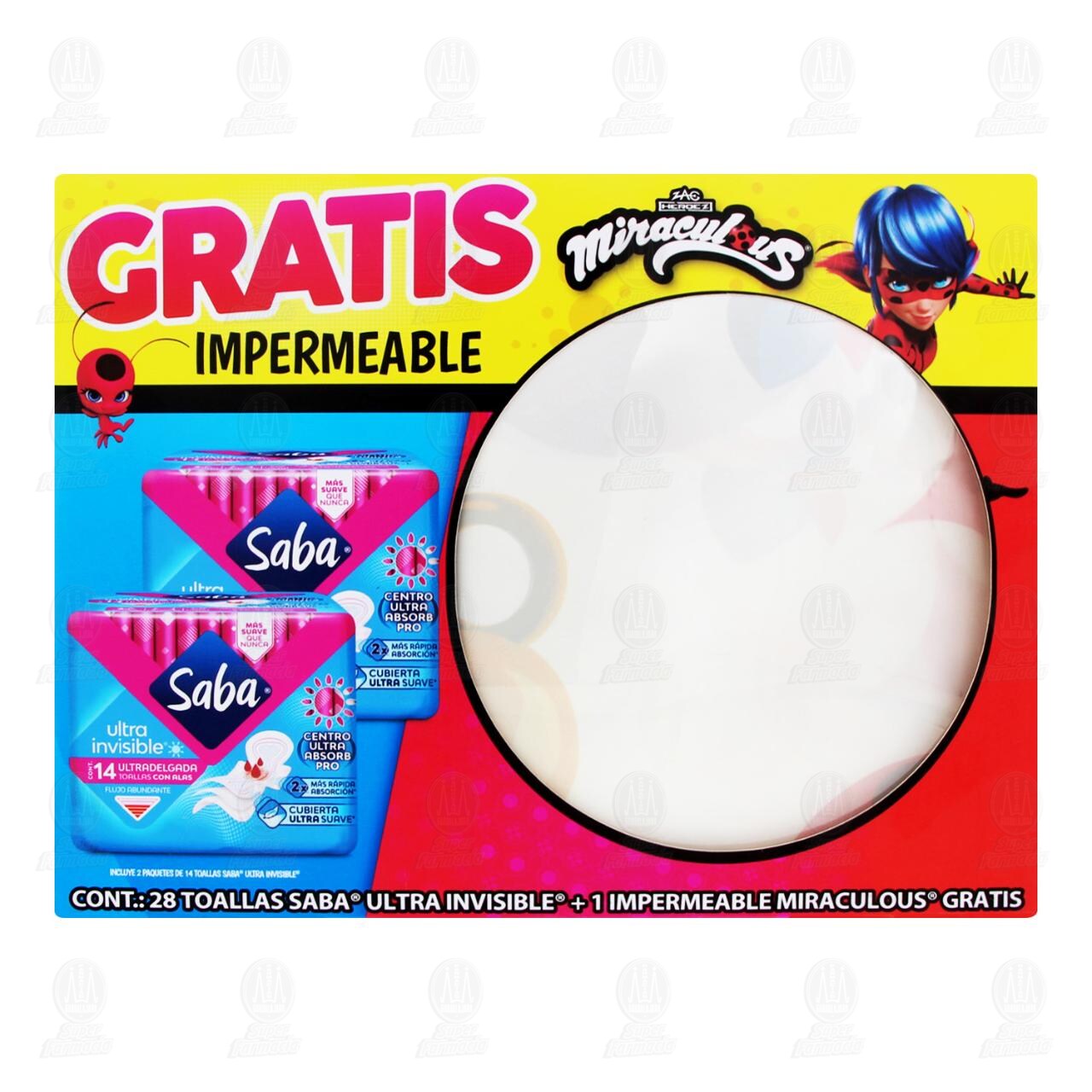 Pack Toallas Femeninas Saba Ultra Invisible con Alas + Gratis Impermeable Miraculous, 3 pzas. image number 1