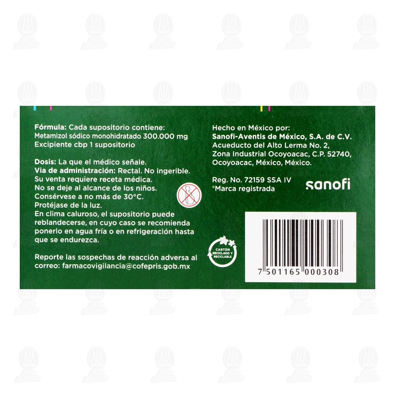 Neo-Melubrina Infantil 300 mg, 5 Supositorios. image number 2