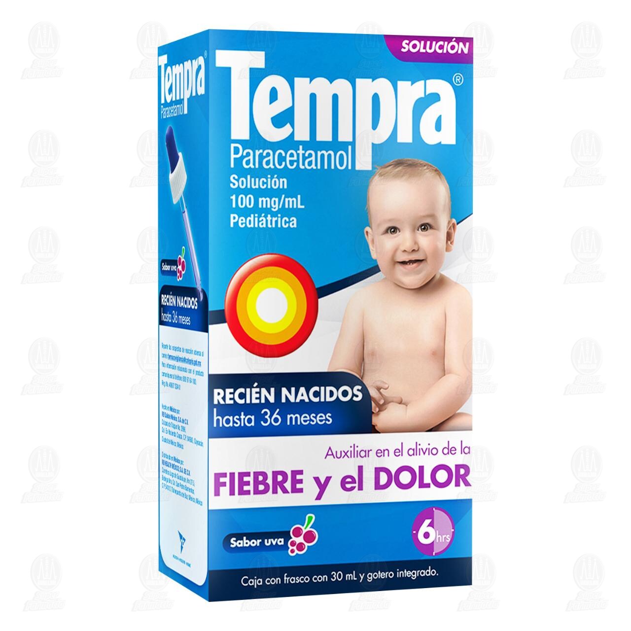 Tempra 100mg/ml Soluci&oacute;n Pedi&aacute;trica Sabor Uva, 30 ml. image number 0