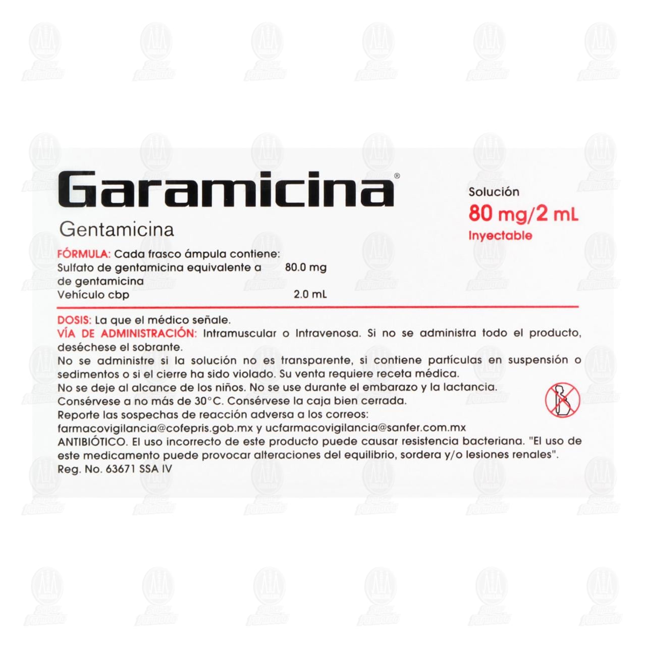 Garamicina 80mg/2ml Soluci&oacute;n Inyectable, &Aacute;mpula de 2 ml. image number 2