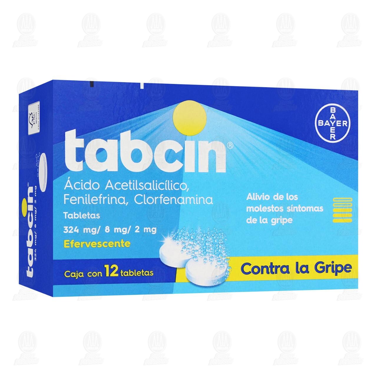 Tabcin Efervescente Alivio de la Gripe y sus Principales Síntomas 324mg/8mg/2mg, 12 Tabletas.