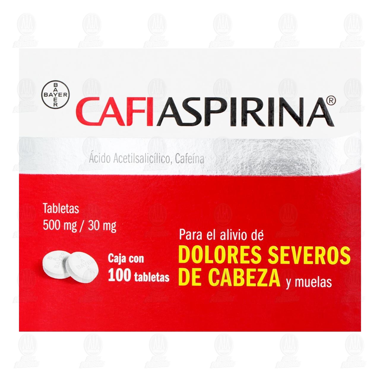 Cafiaspirina Alivio de Dolores de Cabeza Severos y Muelas 500mg/30mg, 100 Tabletas. image number 1
