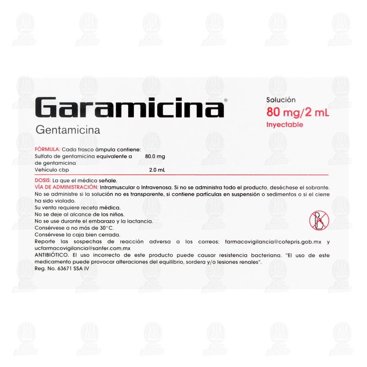 Garamicina 80mg/2ml Soluci&oacute;n Inyectable, 5 &Aacute;mpulas de 2 ml c/u. image number 2