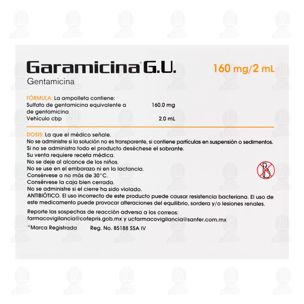 Garamicina G.U 160mg/2ml Soluci&oacute;n Inyectable, 5 Ampolletas de 2 ml c/u. image number 2