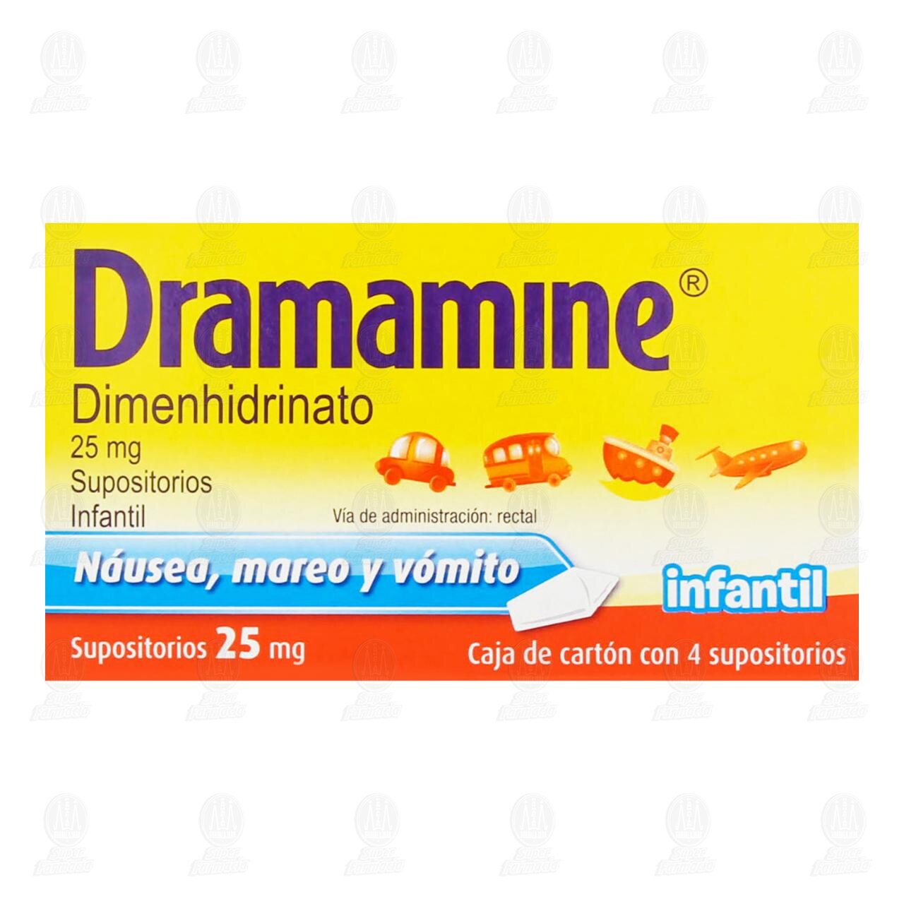 Antimareo Dramamine Infantil 4 Supositorios, 25 mg. image number 1
