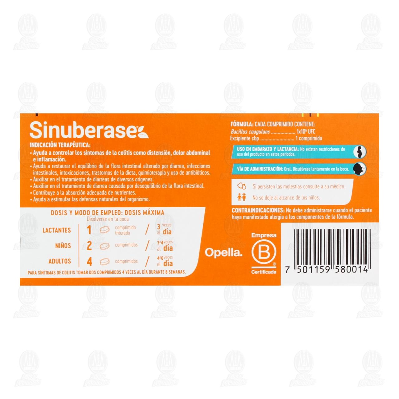 Sinuberase Probi&oacute;ticos Bacillus Coagulans 1 Mill&oacute;n de UFC, 48 Comprimidos. image number 2