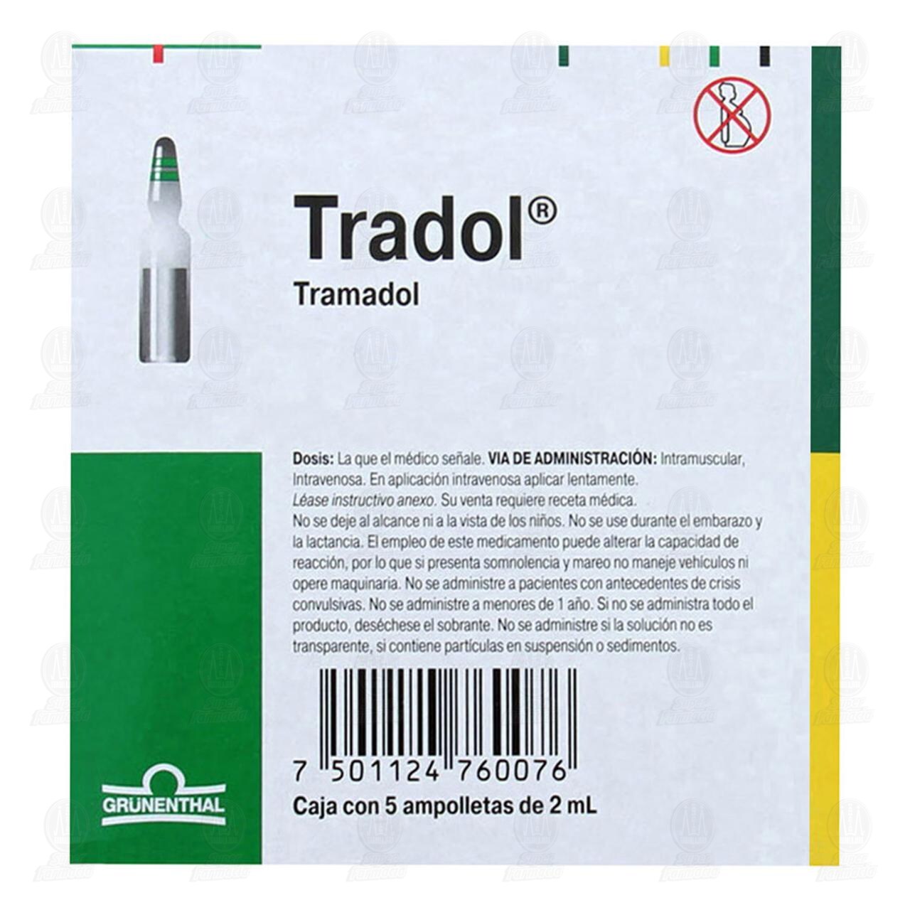 Tradol 100mg/2ml Soluci&oacute;n Inyectable, 5 Ampolletas. image number 2