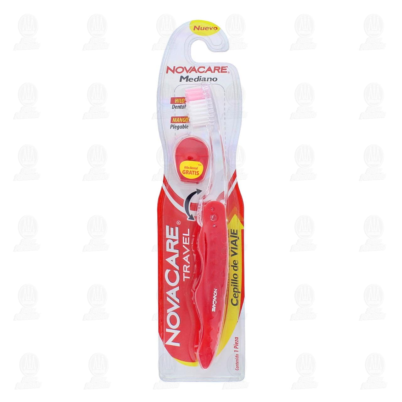 Imagen para Cepillo dental NovaCare Travel (de viaje), tamaño mediano, con mango práctico que es plegable para ahorrar espacio. Contiene 2 piezas (1 cepillo de viaje y 1 hilo dental gratis de 5 metros).