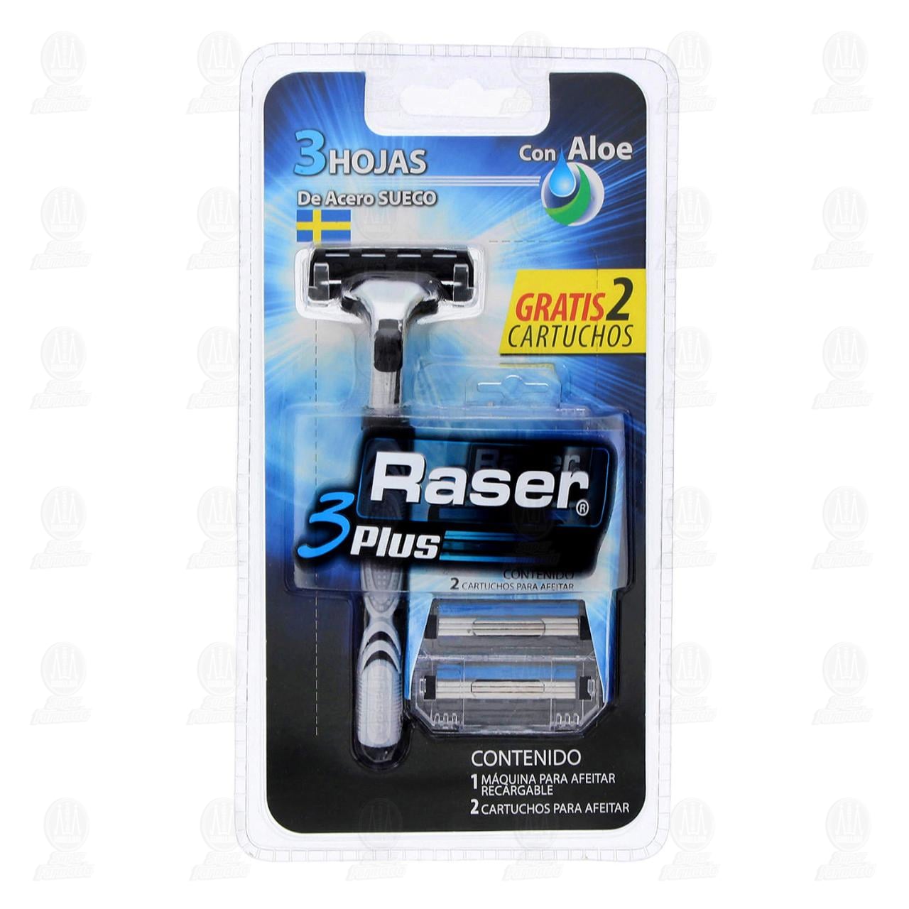 Imagen para Máquina para afeitar Raser 3Plus recargable, con 3 hojas de acero sueco para un rasurado al ras, con banda lubricante con aloe para proteger contra la irritación. Contiene 3 piezas (1 máquina + 2 cart