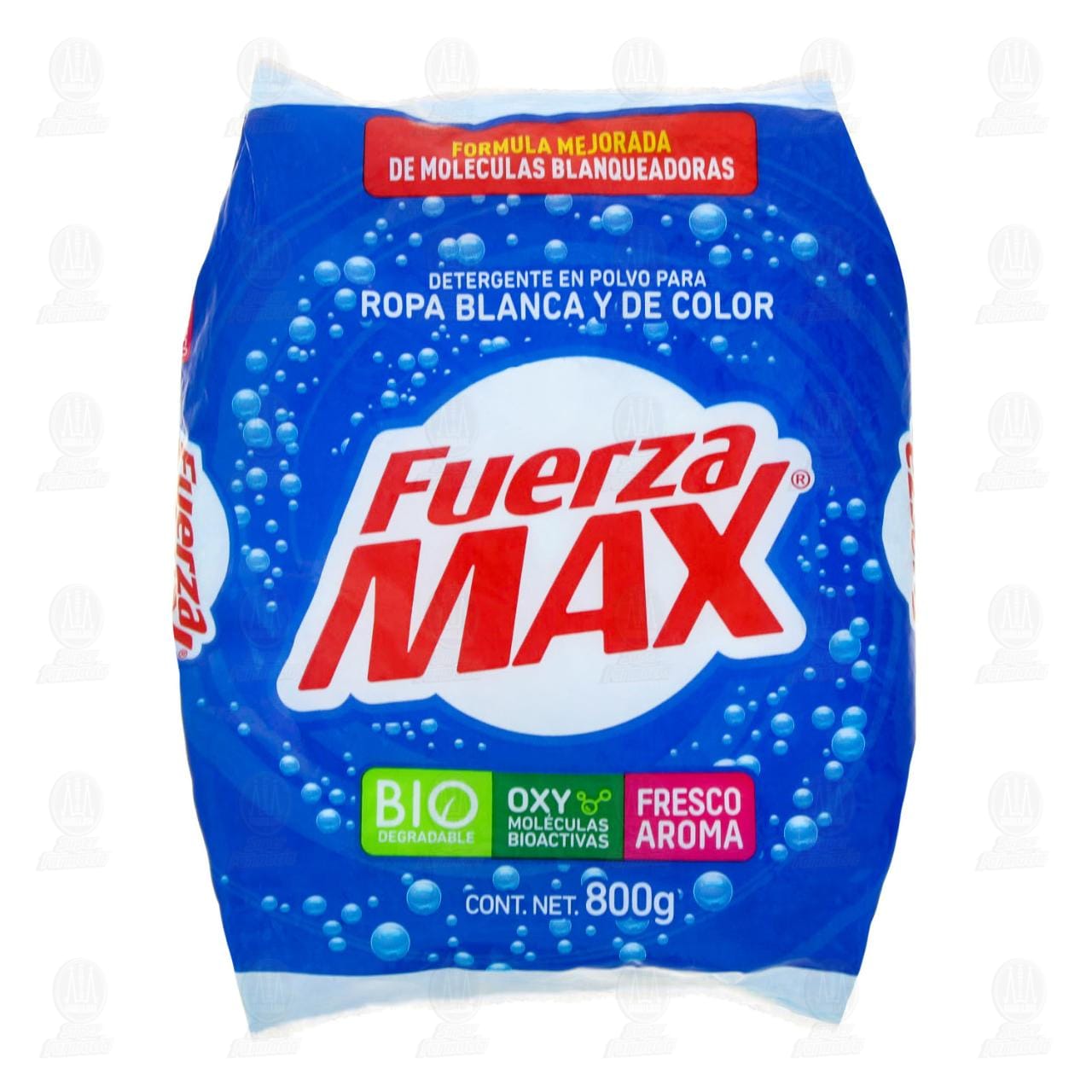 Imagen para Detergente en polvo Fuerza Max para ropa blanca y de color, fórmula mejorada de moléculas blanqueadoras y biodegradable con fresco aroma. Bolsa con 800 gramos.