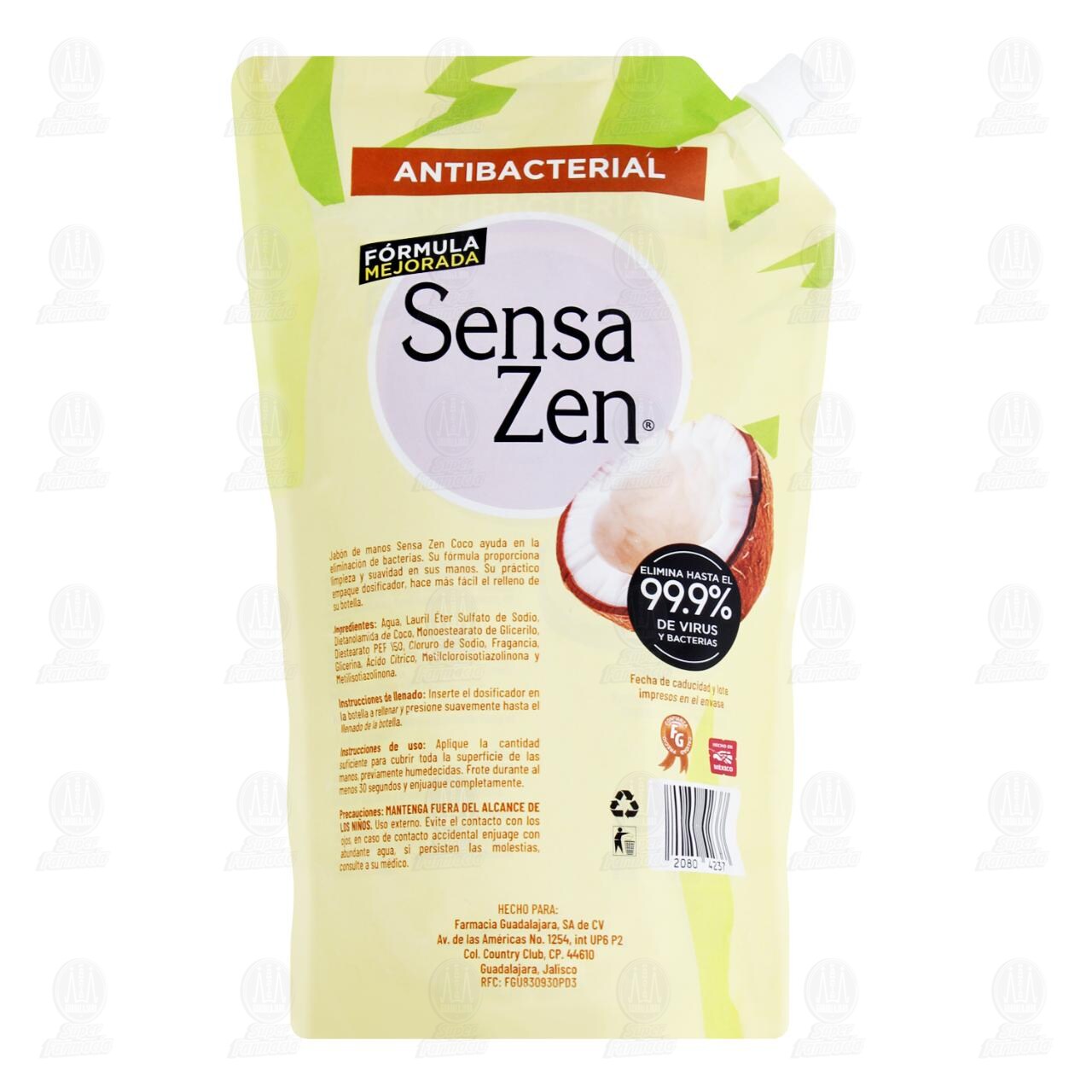 Jab&oacute;n L&iacute;quido para Manos Sensa Zen Antibacterial Coco, 1.1 l. image number 1
