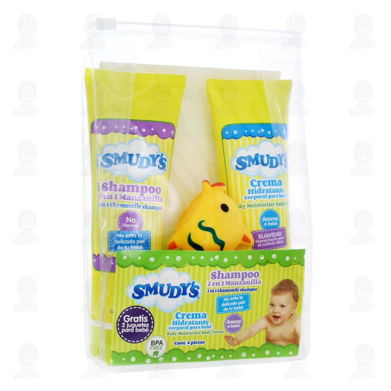 Pack Smudy's Shampoo 2 en 1 Manzanilla, Crema Hidratante Corporal más Juguetes para bebé Gratis, 4 pzas.
