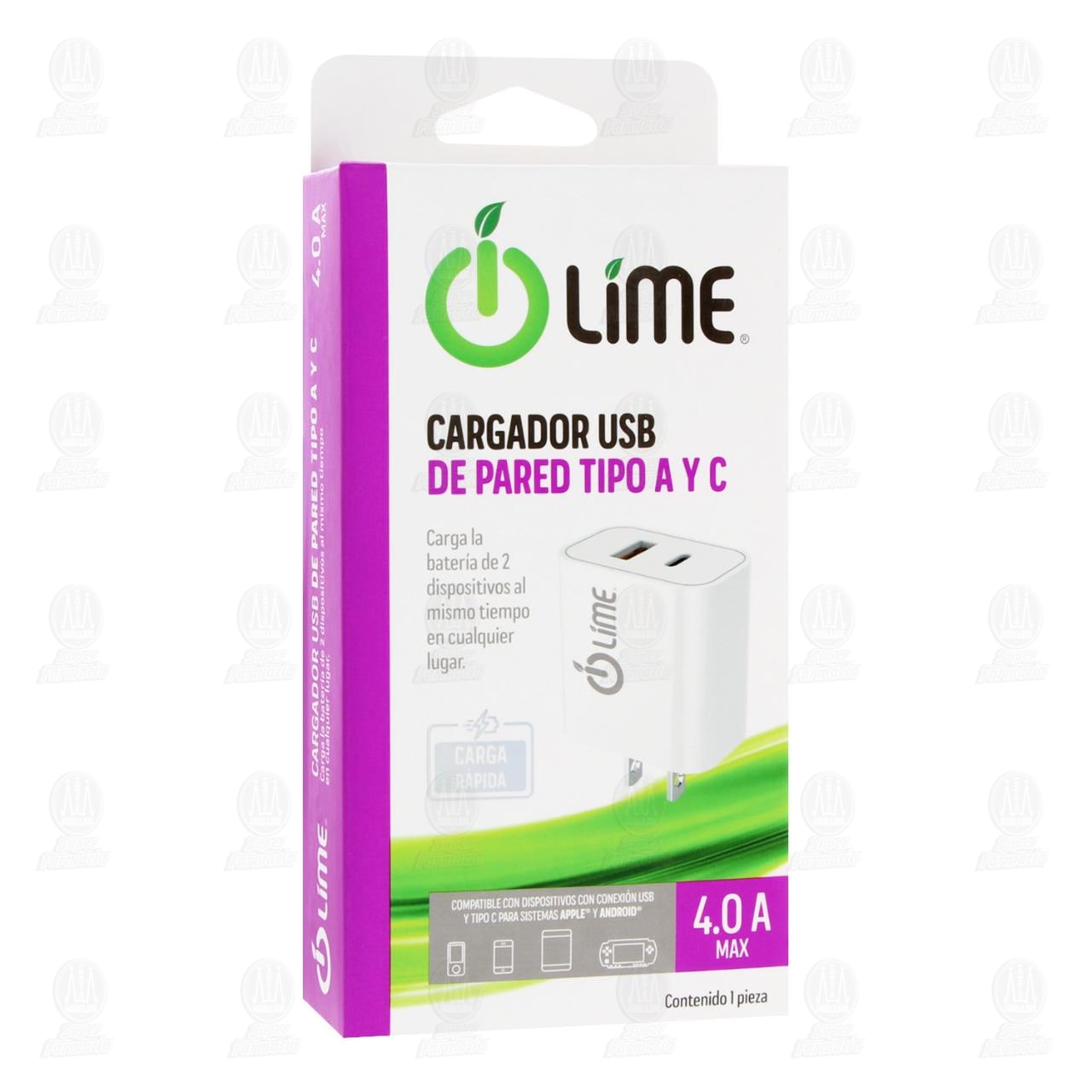 Cargador Lime USB de Pared Tipo A y C, 1 pz.