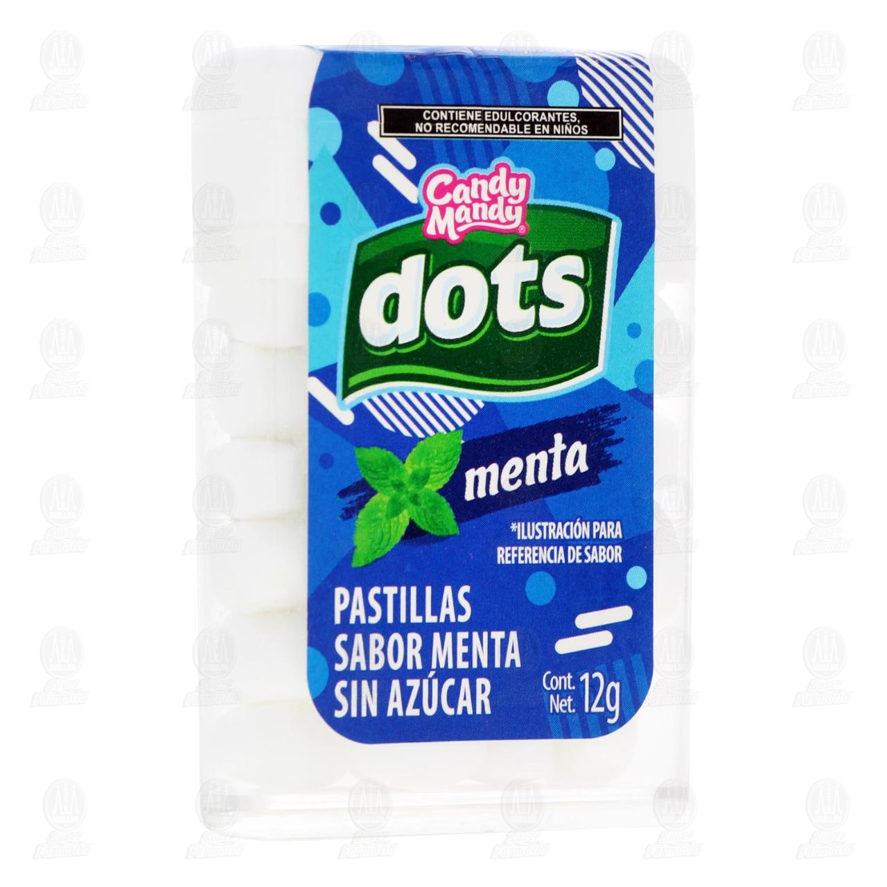 Pastillas Candy Mandy Dots Sabor Menta sin Az&uacute;car, 12 gr.