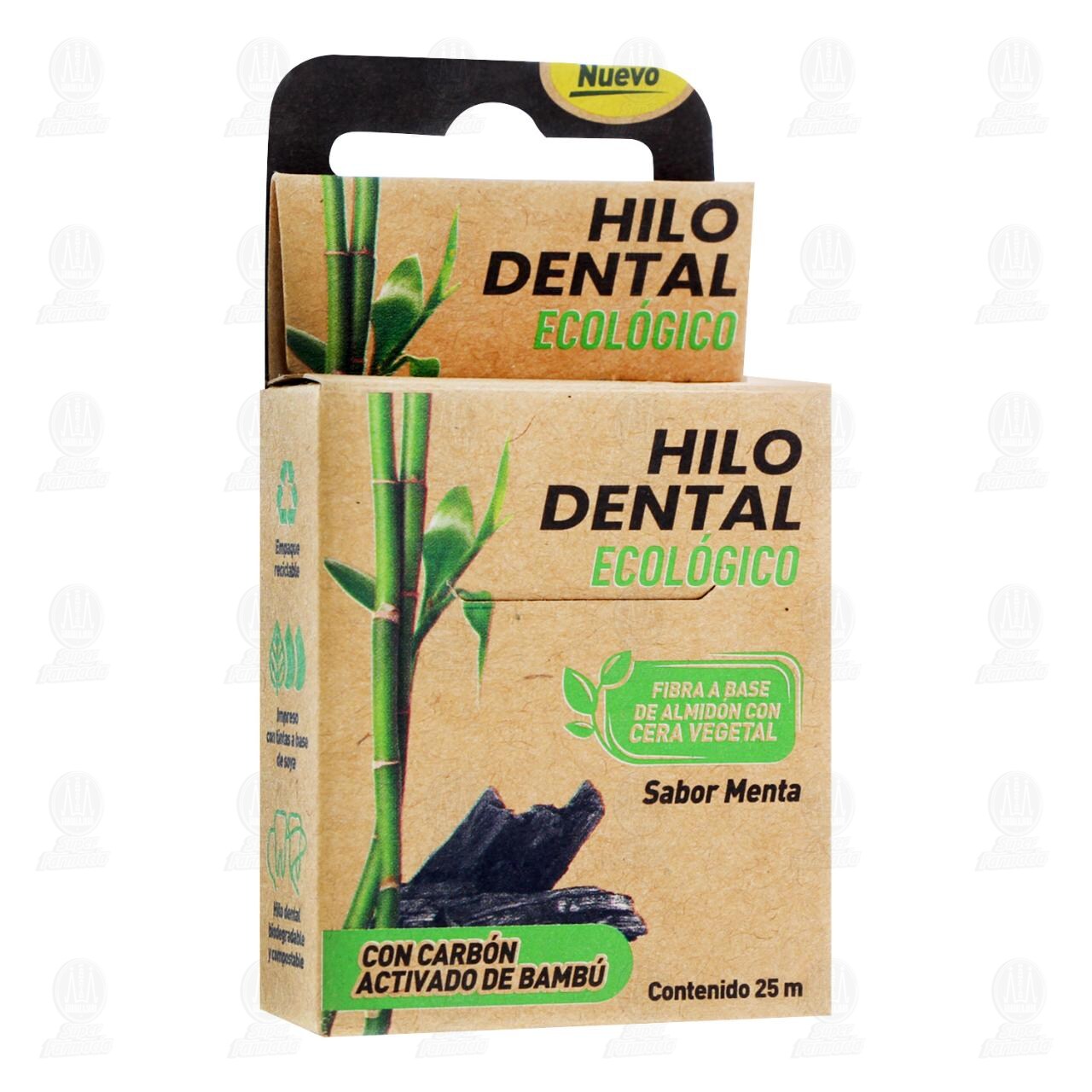 Hilo Dental Novacare Ecol&oacute;gico Sabor Menta con Carb&oacute;n Activado de Bamb&uacute;, 25 m.