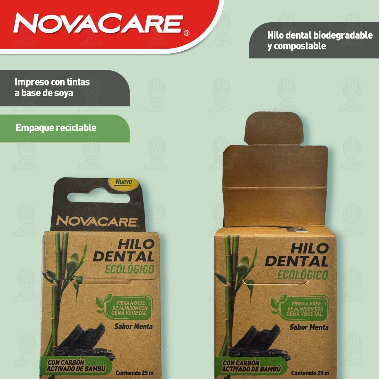 Hilo Dental Novacare Ecol&oacute;gico Sabor Menta con Carb&oacute;n Activado de Bamb&uacute;, 25 m. image number 3