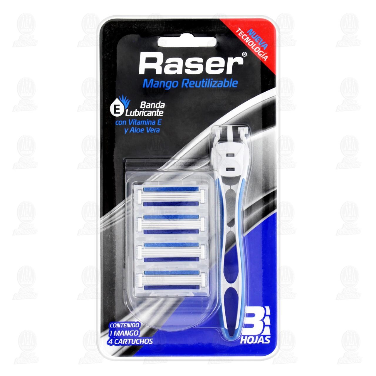 Rastrillo Raser Mango Reutilizable con 4 Cartuchos, 5 pzas.