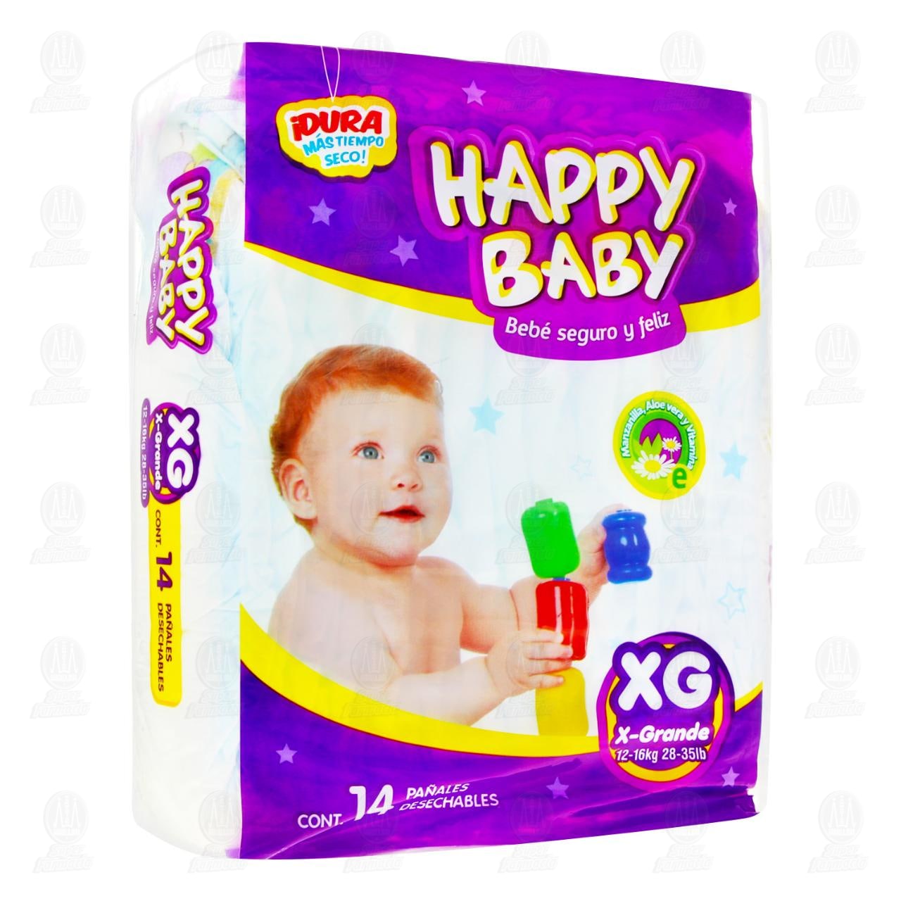 Imagen para Pañales para Bebé Happy Baby con Manzanilla, Aloe Vera y Vitamina E Talla XG, 14 pzas.
