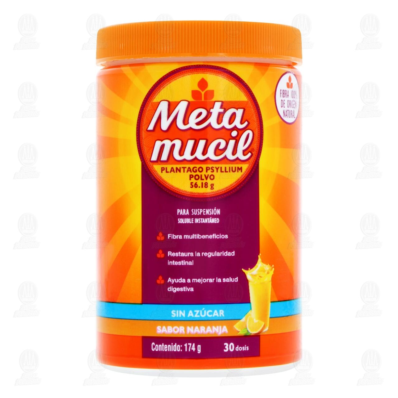 Metamucil Fibra Natural Sabor Naranja 174 gr, 30 Dosis. image number 1