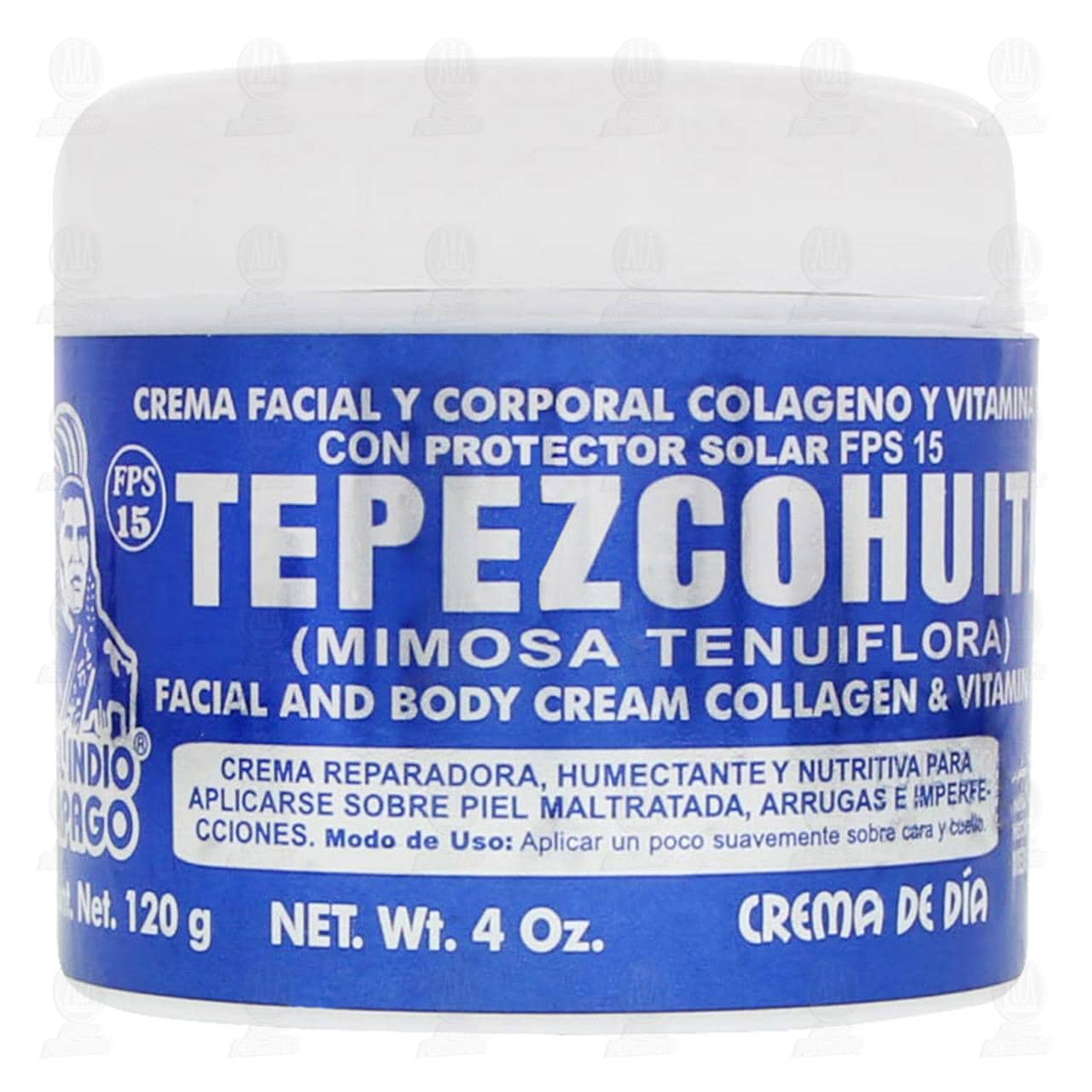 Imagen para Crema corporal y facial Del Indio Papago de Tepezcohuite, con colágeno y vitamina E reparadora, humectante y nutritiva para piel maltratada, arrugas e imperfecciones, tiene protector solar FPS 15 para