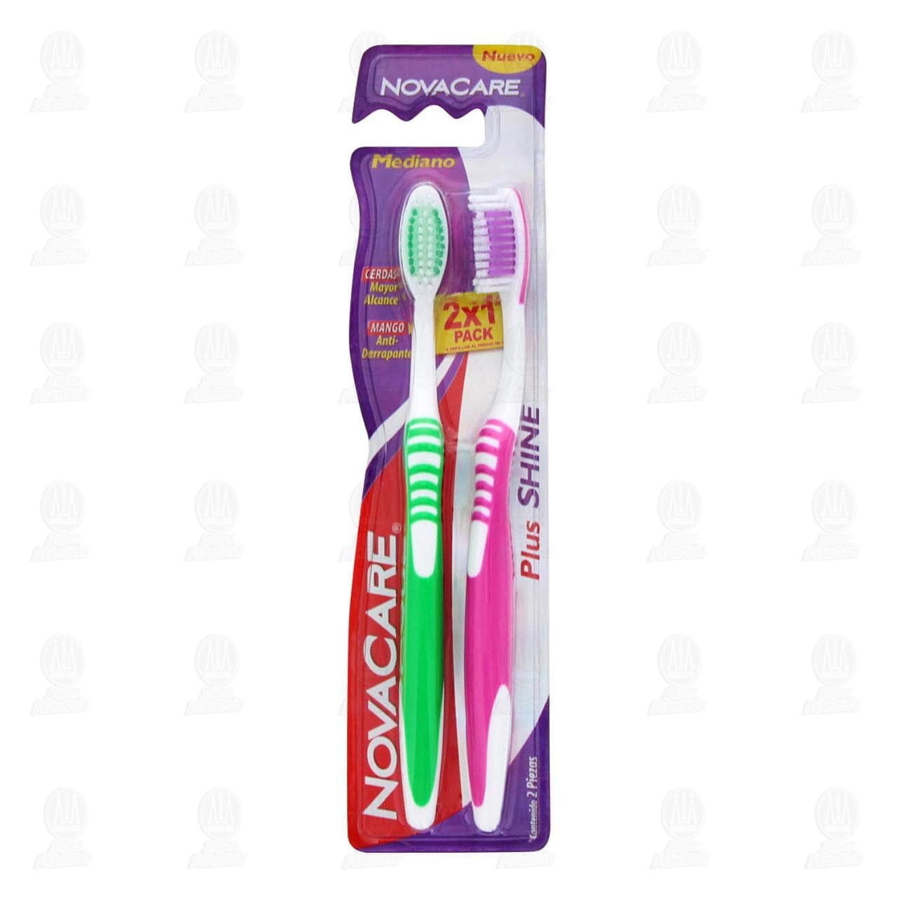 Imagen para Cepillo dental NovaCare Plus Shine, tamaño mediano, con cerdas de mayor alcance y mango anti-derrapante para un manejo cómodo. Contiene 2 piezas (2x1, compra 1 y llévate 2).
