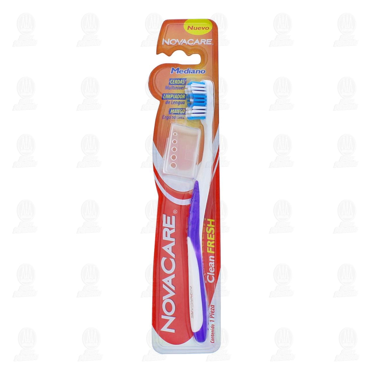 Imagen para Cepillo dental NovaCare Clean Fresh, tamaño mediano, con cerdas multinivel, limpiador de lengua y mango ergonómico para una limpieza completa. Contiene 2 piezas (1 cepillo dental y 1 protector).