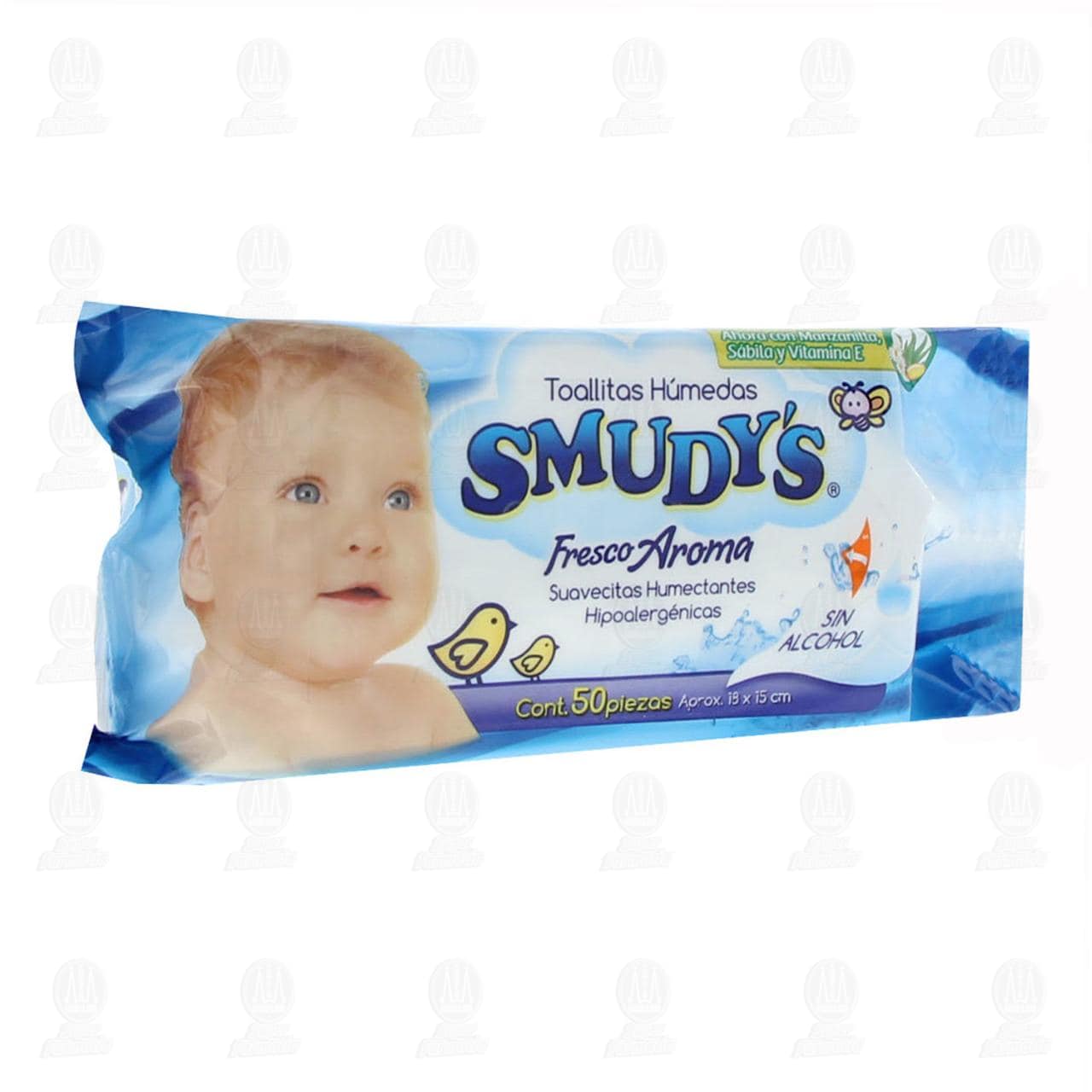 Imagen para Toallitas húmedas para bebé Smudy''s Fresco Aroma, hipoalergénicas, sin alcohol, ahora con manzanilla, sábila y vitamina E. Paquete con 50 piezas.