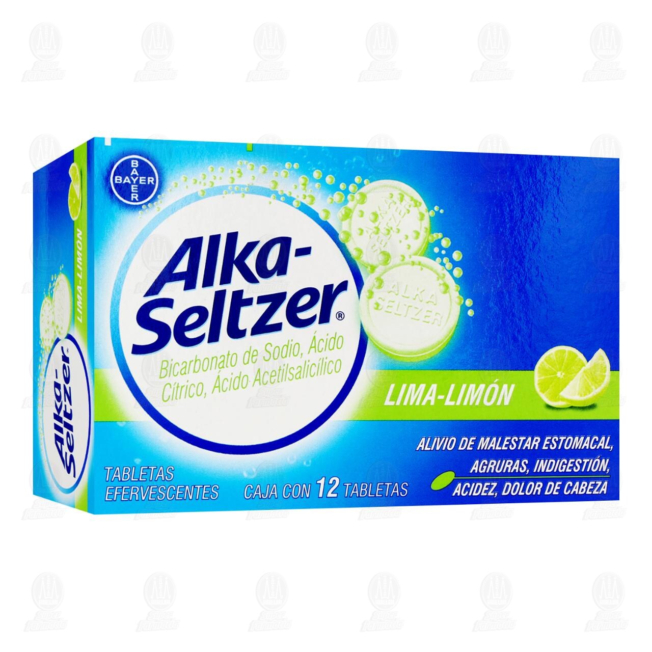 Alka-Seltzer Lima-Limón Alivio del Malestar Estomacal y Dolor de Cabeza, 12 Tabletas Efervescentes.